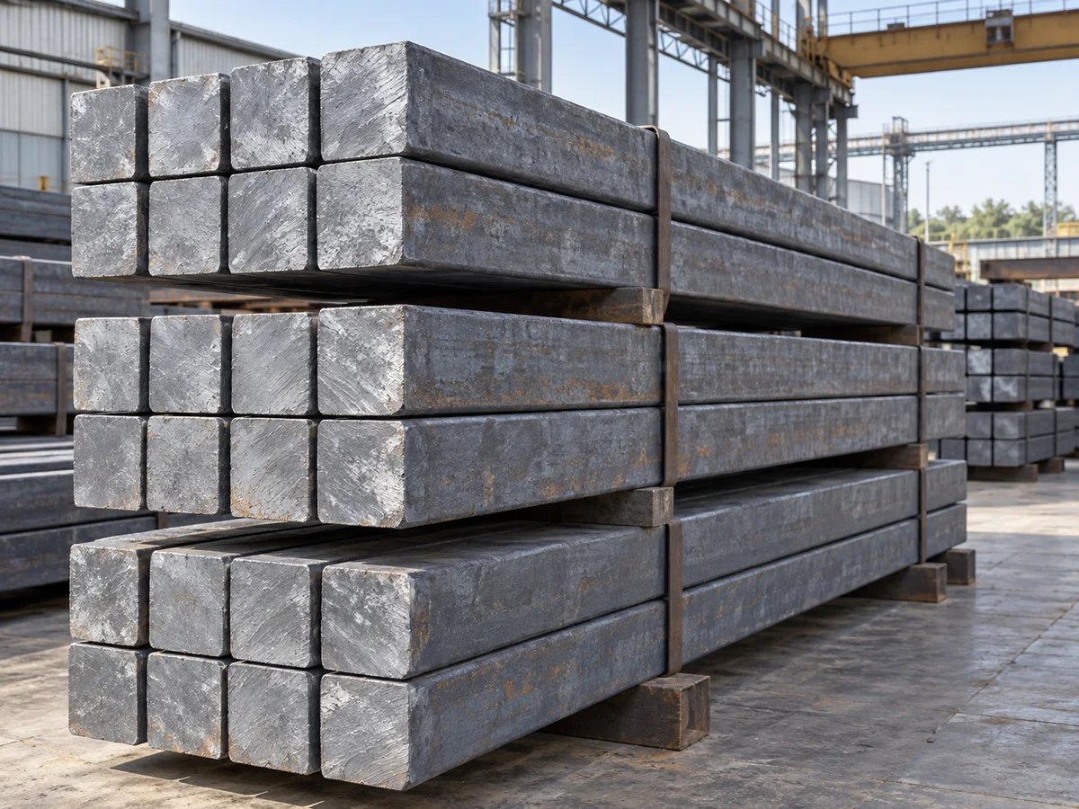 Stacks of square steel billets in a mill yard