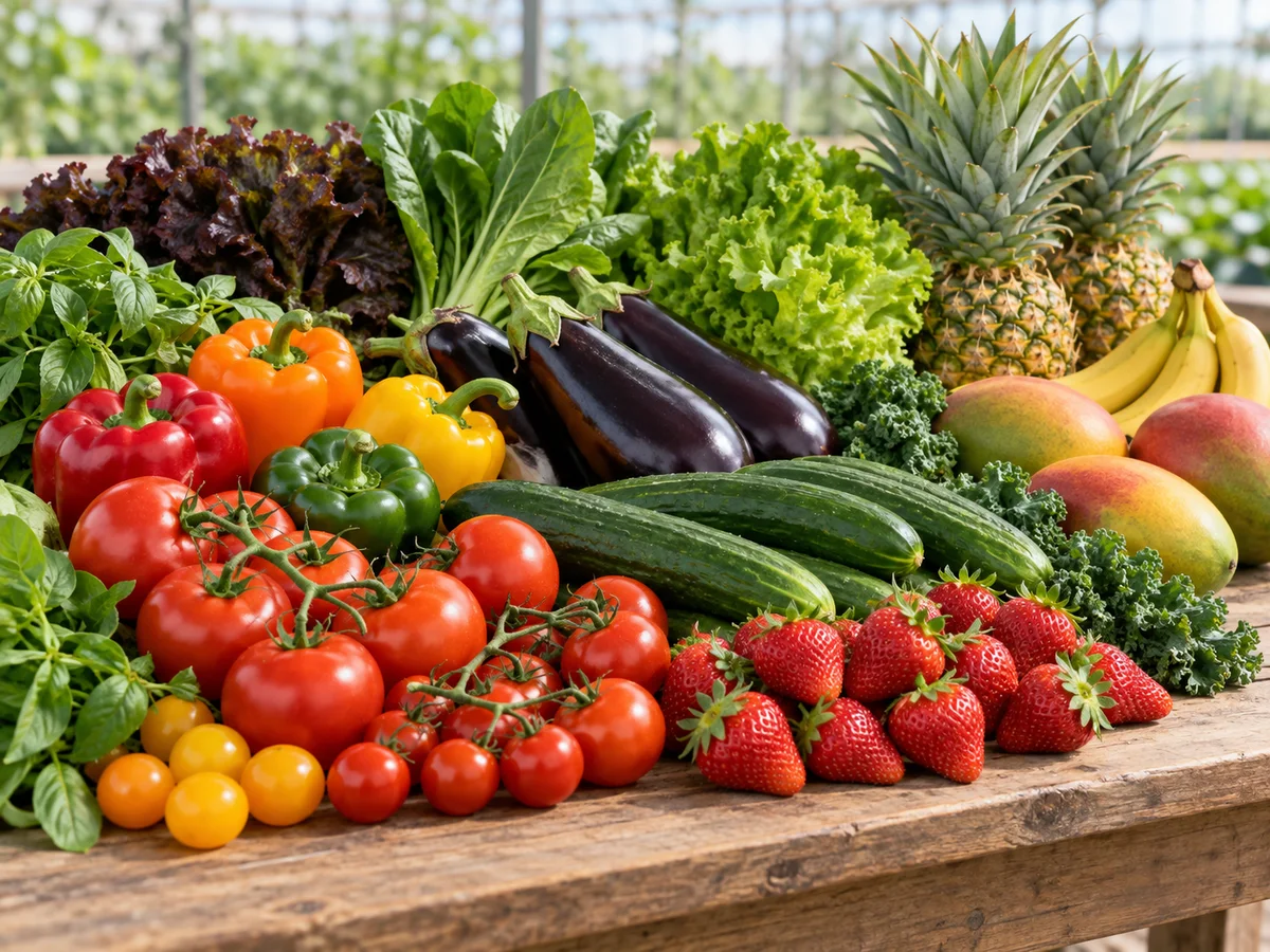 Assorted fresh fruit and greenhouse vegetables