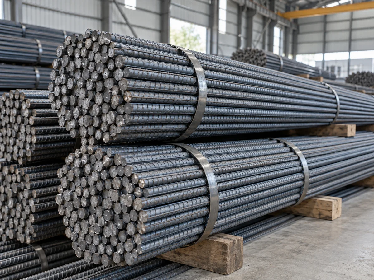 Bundles of construction steel rebar in a warehouse